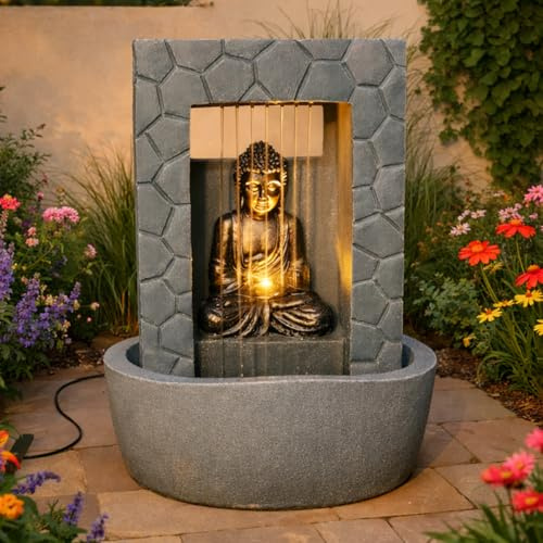 Festive Lights Fontaine solaire LED Bouddha - Gris - Aspect pierre - Fonctionnement solaire et USB - Pour l'intérieur et l'extérieur - 43 cm