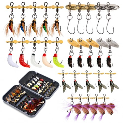 ZhaoCaiWJ Kit de Señuelos de Pesca 30 Piezas con Caja, Cucharillas Spinner, Moscas Artificiales y Vinilos, Señuelos para Trucha, Black Bass y Pesca en Río