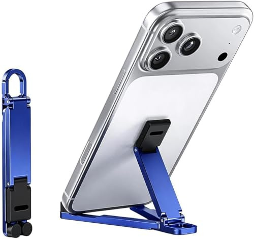 Portabel nyckelring telefonstativ, vikbar EDC-nyckelring telefonhållare med snäppkrok, mini lätt aluminiumlegering justerbar vinkel telefonstativ för skrivbord resor, blå