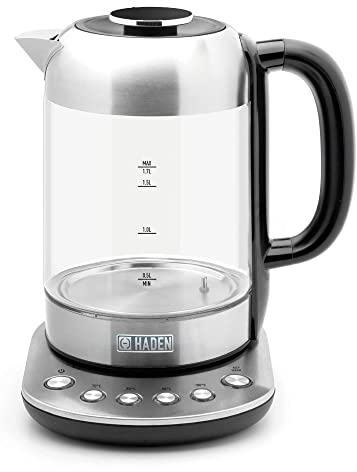 Haden Richmond Kettle – Electric Variable Temperature Fast Boil Kettle, 3000W, 1.7Litre, Brushed Stainless-Steel & Glass, Silver