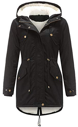 WERVOT Damen Parka Winterjacke mit Kapuze, Baumwolle Kordelzug Hoodie Fleece Gefüttert Mantel Warme Fell Jacke Outdoor Lang Coat Mit Taschen(Schwarz,4XL)