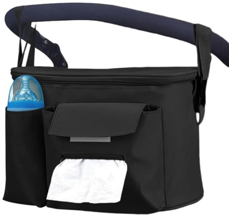 Pram Bag Pushchair Organiser - Touch Screen Pocket, Thermal Insulation & Cup Holder | Universal Waterproof Buggy Accessory fits Any Pram Handlebar (Black-B)