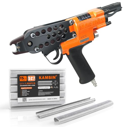 Kamsin K-SC7C Kit de pistola neumática de anillo C de calibre 15, grapadora de anillo CrownHog de 3/4 pulgadas para esgrima, colchón de resorte, jaulas de alambre, asiento de coche