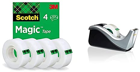 Scotch Magic Klebeband - 4 Rollen 19mm x 33m, Allzweck-Klebeband für Reparatur & Abroller - Beschwerter C60 Abroller Mit 1 Rolle Magic Tape 19mm x 38m - Silber