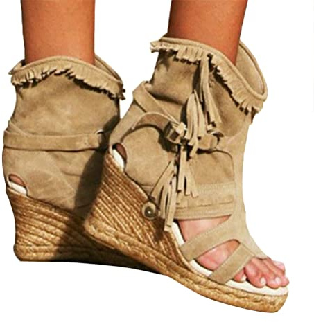 Minetom Sandalias con Borlas Mujer Tacón De Cuña Sandalias Romanas De Gladiador Bohemio Sandalias De Verano Botines Zapatos De Playa A Caqui 37 EU
