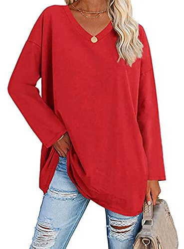 Famulily Oversized Long Sleeve Baseball Tops Tshirt Women's V Neck Simple Basic Solid Color Tunic Tops Loose Fit Red XXL