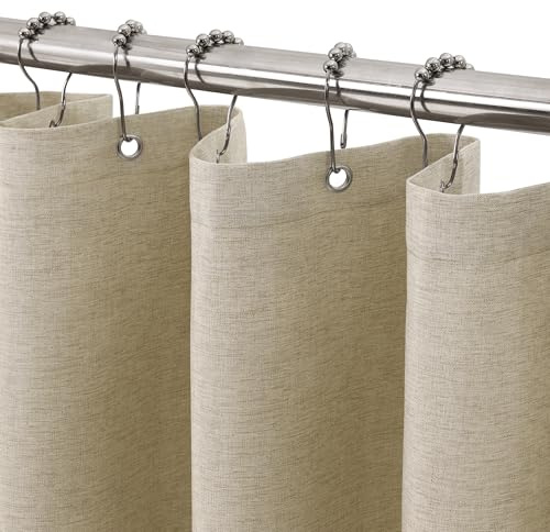 VANZAVANZU Duschvorhang Schmaler Leinen 92 x 182 cm mit Metall Duschvorhangringe Schwerer Stoff Textil Badewannenvorhang Anti Schimmel Bad Vorhang Wasserdicht Badezimmer Vorhang - Taupe