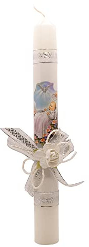 Candela pasquale per battesimo da 30,5 cm, regalo cattolico per battesimo o neonato, rosa blu, rosa o bianca con nastri argentati, tradizione pasquale religiosa (bianco)