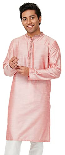 In-Sattva Men's Indian Embroidered Banded Collar and Placket Long Kurta Tunic; British Pink; LG