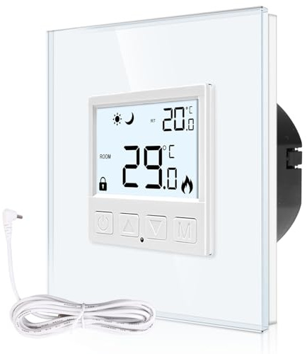 CNBINGO Digital rumstermostat infälld med sensor, termostat för vattengolvvärme och varmvattenberedare, väggtermostat för värme- och kylsystem, vit med glasram