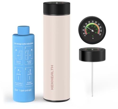 KEKHEALTH Pochette Isotherme Insuline Voyage, Trousse Isotherme Médicament 60 h, Glacière Médicale pour Insuline, GLP-1, Peptides & Stylos Injectables, Thermomètre Mécanique, Acier Inox, 3 Stylos