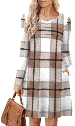 OFEEFAN Sweater Dress for Women Fall Dresses for Women Winter Tunic Dress Loose Flowy Daily Brown White Grid Medium