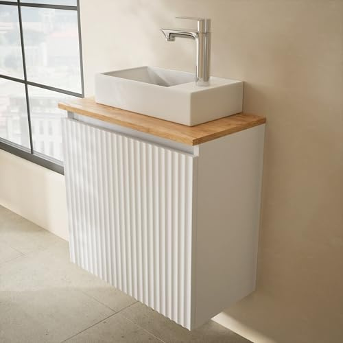 Planetmöbel Set mobili da bagno Lavabo con mobile sottolavabo 56 x 55 x 30 cm bianco, con rubinetteria lavabo e set di scarico lavabo cromato per bagno, ospiti e bagno