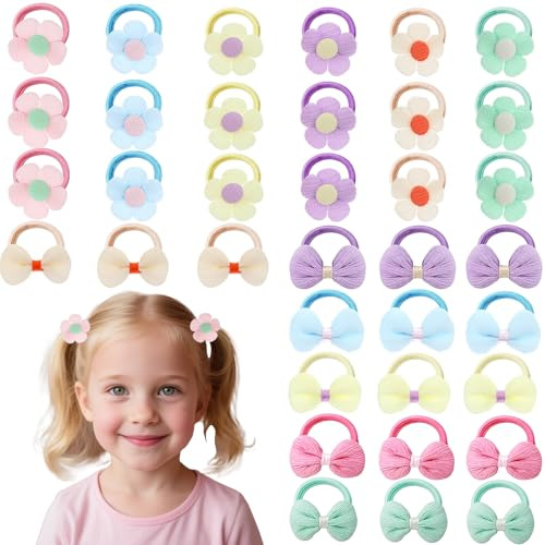 Heclia 36 Pcs Toddler Hair Ties, Girls Hair Accessories Baby Hairs Bows Cute Flower Hairties Little Girls Hairbands for Thick Hairs, Baby Scrunchies for Infant Soft Pink, Yellow, Green, Purple, Blue