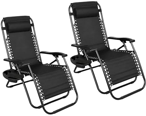 Zero Gravity Chairs Set of 2 Folding Sun Loungers, Reclining Outdoor Garden | Lockable 170°, Steel Frame, 150 kg Load Headrest Pillow, Adjustable, Lightweight, for Deck, Patio, Poolside, Beach, Camping