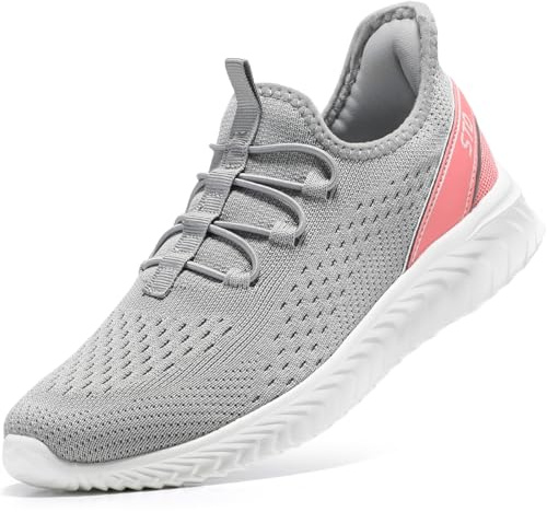 STQ Orthopedic Shoes for Women Plantar Fasciitis Comfortable Womens Slip on Sneakers Breathable Knit Walking Gym Pregnancy Shoe Summer Spring, Light Grey Pink, Size 9