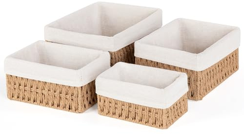 Otauoaea Set de 4 Cestas de Almacenaje con Forro, Cestas Tejidas de Mimbre y Yute Apilables para Baño y Cocina - Organizadores Rectangulares para Decoración del Hogar(Yute)