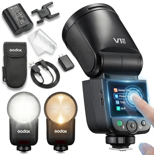 Godox V1 mid C TTL kamerablixt med runt blixthuvud för Canon, trådlös 2,4G-speedlite med 2″ pekskärm, 1,7s återuppladdningstid & upp till 650 fullstyrkeblixtar, HSS 1/8000s, 2W modelleringslampa