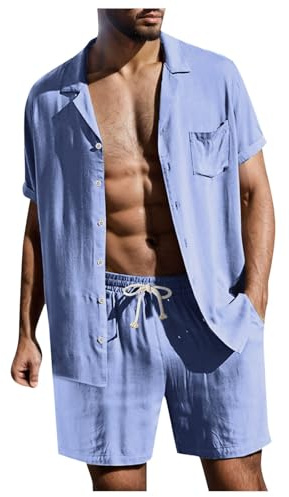 Pijama de lino de verano de 2 piezas para hombre, traje informal y pantalones cortos y camiseta, elegante traje de ocio, monocolor, dos piezas, manga corta, con botones, camisa corta, traje