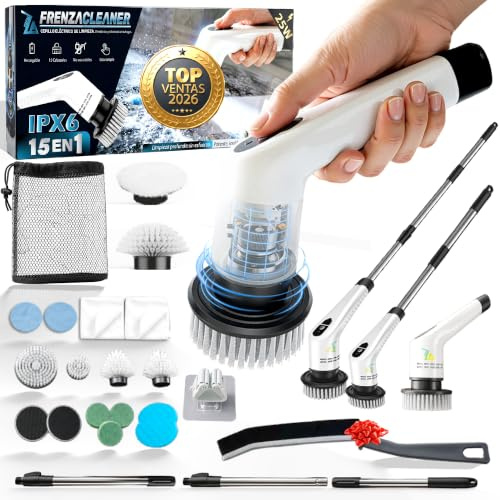 |FRENZA® Super Pack Cepillo electrico Limpieza hogar Premium con 15 Cabezales +1 Cepillo|Cepillo Limpieza Azulejos y Cristales eléctrico + 2 velocidades|Cepillo Limpieza electrico|Proteccion IPX6|