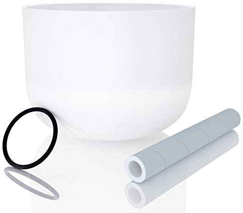 KELIODY Klangschale 20 cm 440 Hz C-Ton Weiß Wurzel-Chakra, Kristal-Klangschale Crystal Singing Bowl mit O-Ring und Schlägel, Entspannung Meditation Yoga Geschenk