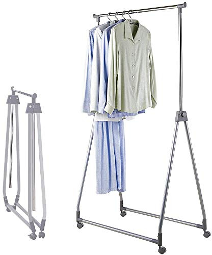 BAKAJI Enkel justerbar hopfällbar klädhängare i stål och hårdplast, teleskopiska stänger, med 4 hjul, butiksutställning, professionell vikbar klädhängare (grå)