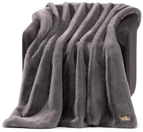 UGG Euphoria Faux Fur Throw Blanket, Oversized Soft Throw for Bed or Couch, Luxury Bedroom Decor, Plush Blankets, Machine Washable, 50-inch x 70-inch, Charcoal Grey