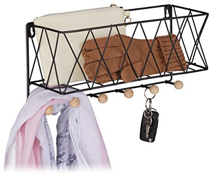 Relaxdays Wandregal mit Hakenleiste, Metall & Holz, Gitter-Design, Wandgarderobe 6 Haken, HBT: 17 x 36 x 13 cm, schwarz
