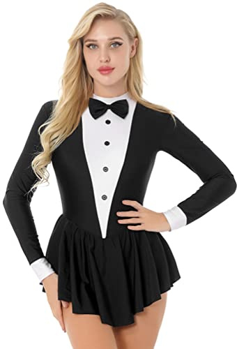 dPois Abito da Ballo Donna Latino Americano Leotards Vestito Danza Classica Tuxedo Ruffle Body da Balletto Costume da Cameriera Cosplay Abito da Pattinaggio Performance Nero S
