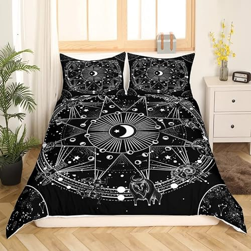 Böhmischer Mondphasen Bettbezug Konstellation Astrologie Bettwäsche 135 x 200 Schwarz Weiß Tierkreiszeichen Bettbezug spirituelle Geschenke für Jungen Mädchen Grunge Trippy Hippie Sterne Bettbezug