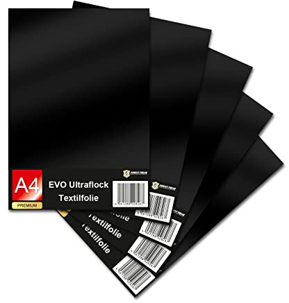 Evo Ultraflock textilfolie för plotter, 33 färger, flingfolie i DIN A4-format, 30 x 20 cm, plotterfolie för tyg, kläder, t-shirt, flock folie, tillbehör (set om 5, 000 svart)