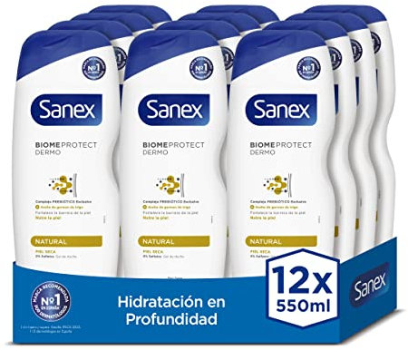 Sanex Biomeprotect Dermo Dermo Natural, Gel de Ducha o Baño, Piel Seca, con Prebiótico, Combate las Bacterias, Pack 12 Uds x 550ml