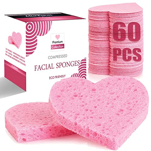 60-Count Compressed Facial Sponges, 100% Natural Cosmetic Spa Sponges for Facial Cleansing, Exfoliating Mask (Pink Heart)