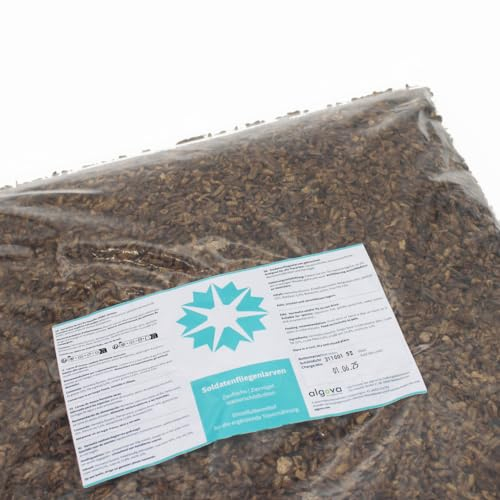 algova Hermetia Soldatfluglarver torkade – alternativ till torkade mjölmaskar – foder för prydnadsfiskar, dammfiskar, prydnadsfåglar, reptiler (25 kg)