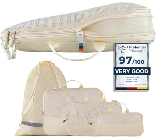 TRAVEL DUDE Packwürfel Set mit Kompression aus recycelten Plastikflaschen, Leichte Packing Cubes, Packtaschen Set für Rucksack und als Koffer Organizer, Zubehör (Sand Beige, 4-teiliges Set)