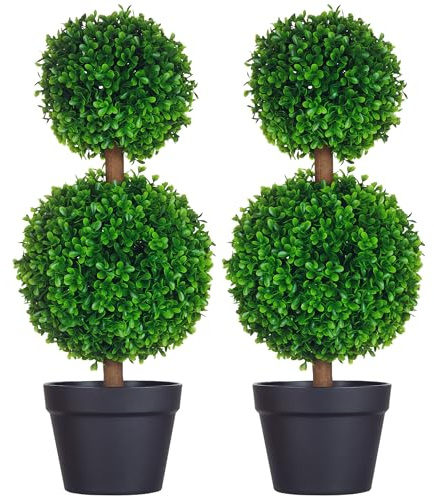 HOMCOM Lot de 2 Arbres buis Artificiel Double Boules avec Tronc et Pot Inclus - Hauteur 60 cm Vert