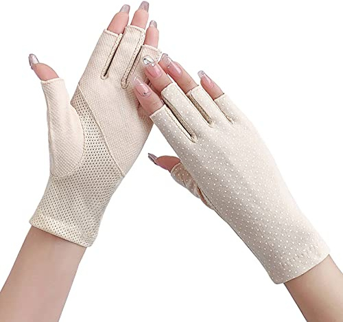 SUNTRADE Women's Girls Summer Fingerless Gloves, Non-Slip UV Protection Outdoor Gloves (Beige)