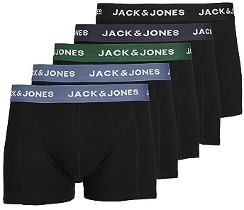 JACK& JONES Mutande 5 Pezzi Tronchi di Base Slip Corti Stampa Logo Disegno JACSOLID, Colore:Blu, Taglia Pantalone:M
