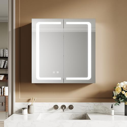 Sirhona - Spegelskåp för badrum, apoteksskåp med dimspegel, med gångjärnsuttag, Aans tråd, touch LED-spegelskåp, förvaringsskåp, 65 x 65 cm