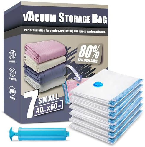 Space Saver Bags, Pack of 7 Small Vacuum Storage Bags, Compressed Sealer Bags Storage for Clothes, Comforters, Beddings and Blankets with Hand Pump