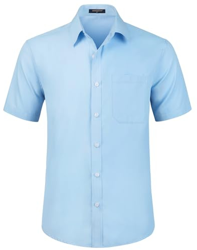 HISDERN Herrskjorta kortärmad fritidsskjorta affärströja män kortärmade skjortor normal passform strykfri herrskjorta med bröstficka, blå, XXL