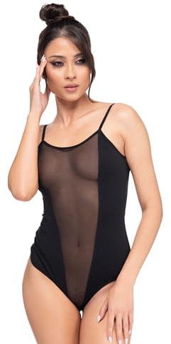 Magi Body pour femme | Body string en tulle avec bretelles spaghetti S M L XL XXL Sous-body coupe optimale | String pour femme Transparent | Sous-vêtement, Noir-2, M