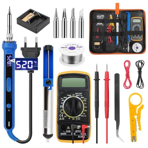 Ltkolben Set 100W, LED Ltkolben mit Temperaturregelung 180-520C, Soldering Kit mit Ein/Aus Schalter, 50g Ltdraht, 5 Ltspitzen,Entltpumpe,Ltkolbenstnder, Pinzette,Digitalmultimeter (15PCS)