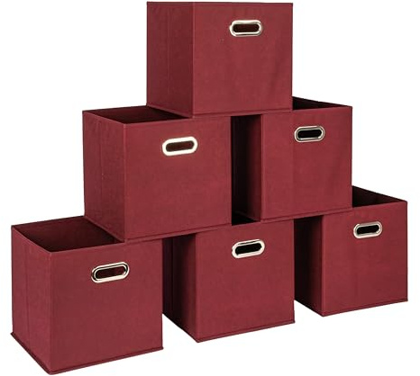 Household Essentials Fabric Storage Cube Bins, 6 Piece Set, Strong Poly-Woven Fabric, Chipboard Sides, Grommet Front Handle, Stackable and Foldable, Classic Design, Burgundy
