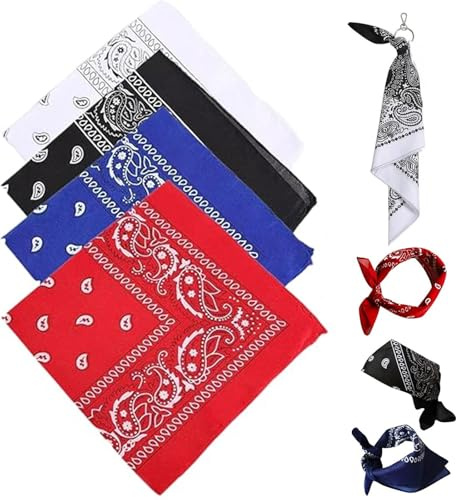 Generico Set med 4 Bandana, Paisley Färgglada Bandanas, 55 x 55 cm Paisley Hals Bandana, Huvudduk Herr, Halsduk, Motorcykel Bandana (Röd, Vit, Svart, Blå), Flerfärgad, 55*55cm
