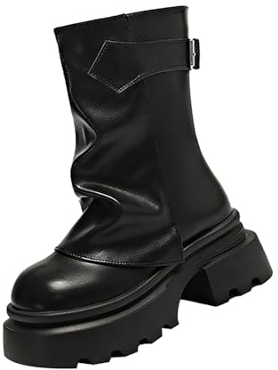 OBiQuzz Stivaletti da donna con tacco altissimo e plateau, in similpelle, con gambo corto, stile gotico, in pelle, da equitazione, da donna, Nero , 35