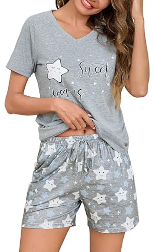 Litherday Pigiama Donna Cotone Estivo Corto Set Due Pezzi con Maglia Scollo a V Pantaloncini con Coulisse e Tasche Morbido Leggero da Casa e da Notte Taglie,Grigio,L