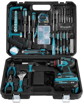 Yofidra Cordless Hammer Drill Set, 118-Pcs Electric Screwdriver Home Tool Kit with 2 Batteries 2000mAh, 2-Speed, 25+3 Torque Cordless Hammer Drill, 50N.m Max for Yard & Office & House Repair