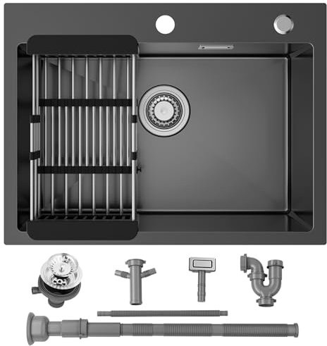 Sofetiy Fregadero de cocina de 60 x 45 cm, negro antracita, en acero inoxidable, moderno, rectangular, para armario bajo a partir de 60 cm, con orificio para grifo