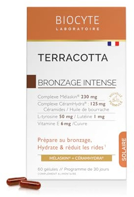 BIOCYTE Terracotta Bronzage Intense - Complement Alimentaire Bronzage - Vitamine E, Cuivre, Melanine, Huile de Bourrache - Programme de 30 jours